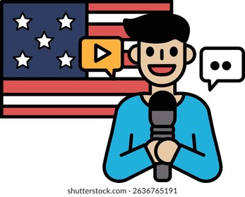 A man is holding a microphone and talking into it. He is smiling and the microphone is in front of an American flag
