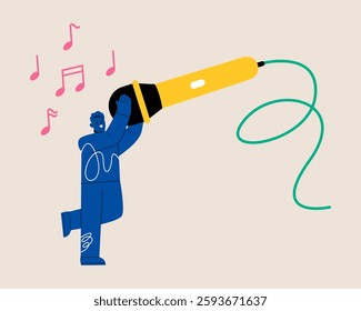 Man holding microphones big singing a song. Colorful vector illustration
