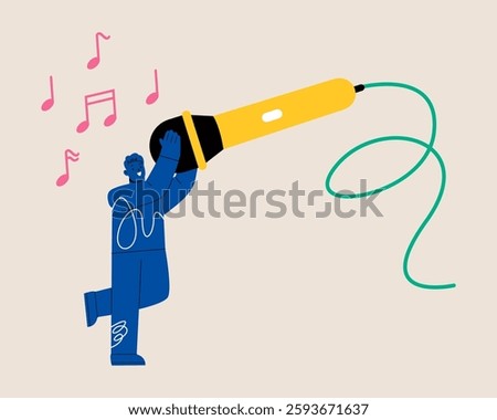Man holding microphones big singing a song. Colorful vector illustration
