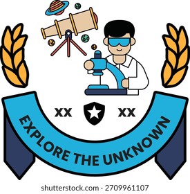 Um homem está segurando um microscópio e está vestindo um jaleco branco. A imagem é intitulada "Explore o desconhecido"