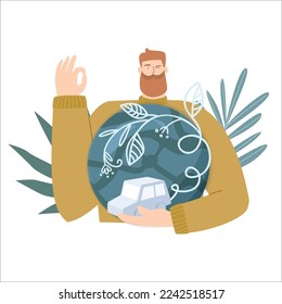 Man holding a miniature of a world and a car, concept for carbon offset