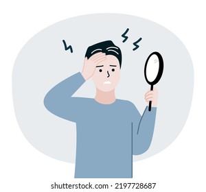 Man holding mirror and worrying about grey hair on head. Early aging, maturity, beauty, hair care, treatment, lifestyle concept. Flat character vector design illustration.