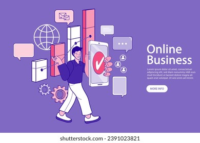 Man holding mobile. Mobile application for data analysis and accounting. File management. User data protection. Electronic document management. Finance and administration app with charts. vector