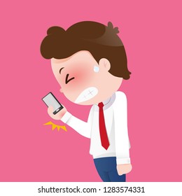 the man holding mobile feel wrist pain as office syndrome , vector illustration