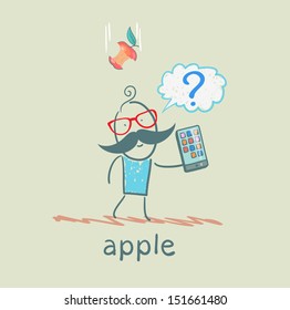 man holding a mobile phone and an apple falls on his head