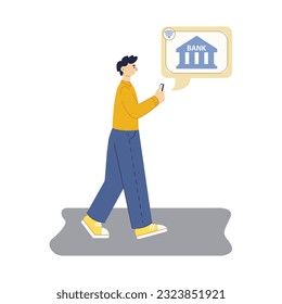 Man holding mobile phone, checking online bank account. Cashless service, currency and online banking concept. Vector flat illustration in yellow and blue colors