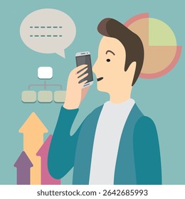 A man holding a mobile phone, conveying a message, with business diagrams in the background