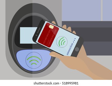 Man holding mobile phone with credit card on the screen paying wirelessly terminal in subway .Vector illustration