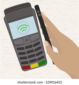 Man holding mobile phone with credit card on the screen paying wirelessly over POS terminal.Vector illustration