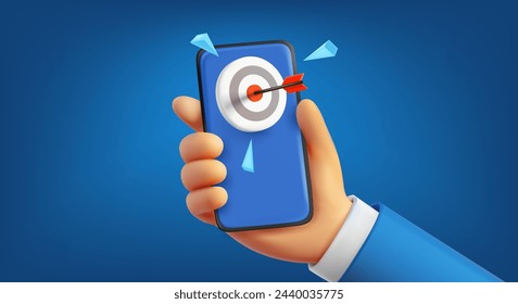 Man holding mobile phone with dart. Business goal concept. 3d vector illustration