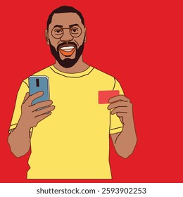 A man holding a mobile phone and a debit card looking so happy