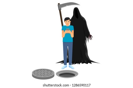 Man Holding A Mobile Phone With Grim Reaper Behind