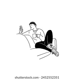 Man holding Mobile phone with hot coffee sit on sofa People lifestyle at home Hand drawn line art illustration