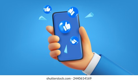 Man holding mobile phone with likes. Social media concept. 3d vector illustration