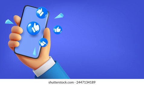 Man holding mobile phone with likes. 3d vector banner with copy space