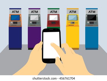 man holding mobile phone with many ATM background.