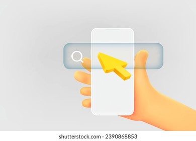 Man holding mobile phone and searching information in internet. 3d vector illustration