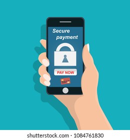 Man holding mobile phone ,Secure payment notification in the screen - Vector illustration.