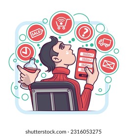 Man holding mobile phone, selecting things in online store, reading information about online deliver. Time for buying goods in online shops on internet sale. Vector flat illustration