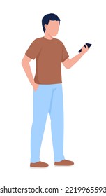 Man holding mobile phone semi flat color vector character. Editable figure. Full body person on white. Online chatting simple cartoon style illustration for web graphic design and animation