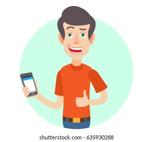 Man holding mobile phone and showing thumb up. Portrait of Cartoon Man in red t-shirt. Vector illustration in a flat style.