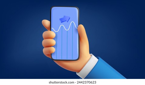 Man holding mobile phone with trading diagram. 3d vector illustration