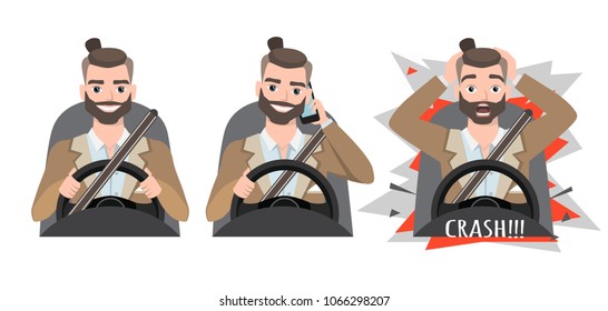 Man holding mobile phone while driving car. crash