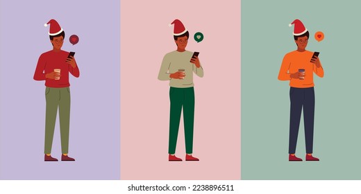 Mann, der Handy hält mit Weihnachtsfest und Neujahr Feiertage. 