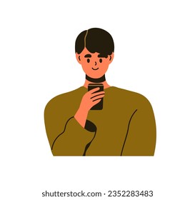 Man holding mobile smart phone in hand. Young person with smartphone, looking, scrolling, internet, reading news, messages. Guy using cellphone. Flat vector illustration isolated on white background