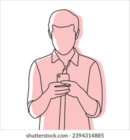 Man holding mobile vector line art design icon style.