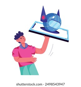 Man holding mobile with a virtual assistant robot, flat illustration 