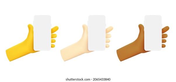Man holding modern smart phone with empty screen isolated on white background. Vector mock up. Chinese, european and african men races
