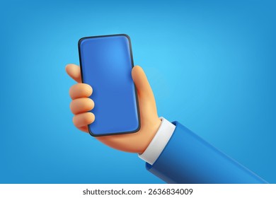 Man holding modern smartphone. 3d vector illustration