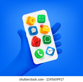 Man holding modern smartphone with applications icons. 3d vector illustration