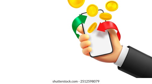 Homem segurando smartphone moderno com serviço cashback. Banner de vetor 3d com espaço de cópia