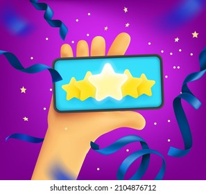 Man holding modern smartphone with five star rating on the screen. 3d vector illustration