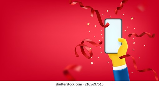 Man holding modern smartphone with red ribbons. Vector banner with copy space