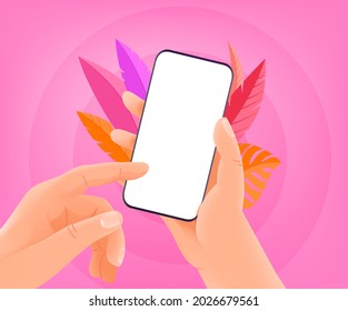 Man holding modern smartphone and tapping on the screen. Trendy style vector mockup