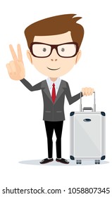 man holding modern suitcase with wheels and shows a sign of victory . Flat style. Stock vector illustration.