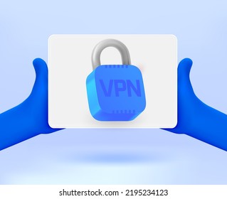Man holding modern tablet computer with VPN service. 3D vector illustration
