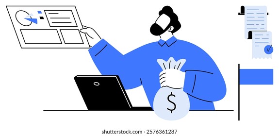 Man holding a money bag and pointing at a data chart. Laptop on table. Documents on side. Ideal for finance, business growth, data analysis, investments, revenue. Simple, modern, clean style