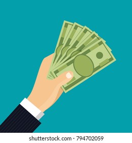 Man holding money banknotes. Vector flat style illustration