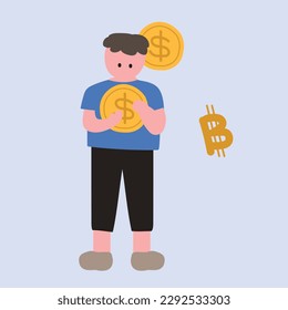 man holding a money and Bitcoin