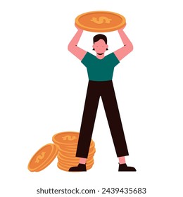 Man holding money coins. Businessman increase profit, revenue growth flat illustration