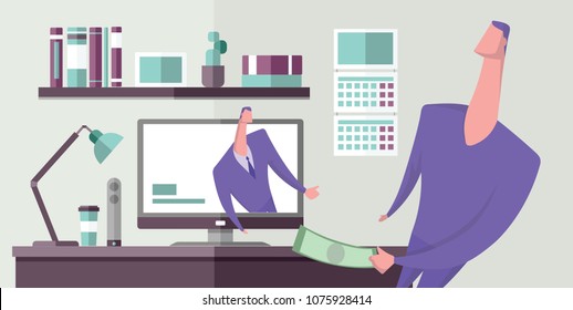 Man holding money in front of his computer with a man on the monitor. Internet trading. Webinar. Payment online. Concept vector illustration. Flat style. Horizontal.