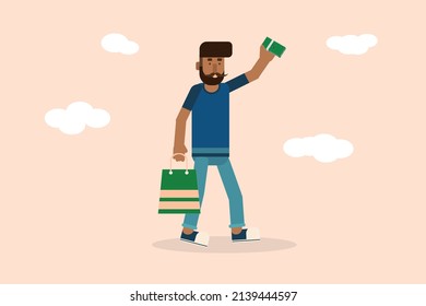 man holding money in his hand and shopping bag