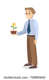 Man holding money tree in hands. Concept of financial growth.