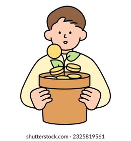 Man Holding Money Tree. Simple Style Vector illustration.