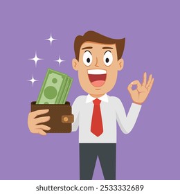 A man holding a money wallet showing an ok gesture. Flat, Vector, Illustration, Cartoon, EPS10. 