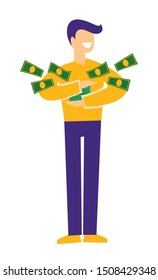 Man holding money, win or jackpot and lottery, cash or dollar bills, isolated male character vector. Gambling or business success, financial profit. Prize and winner, big salary or bonus, income